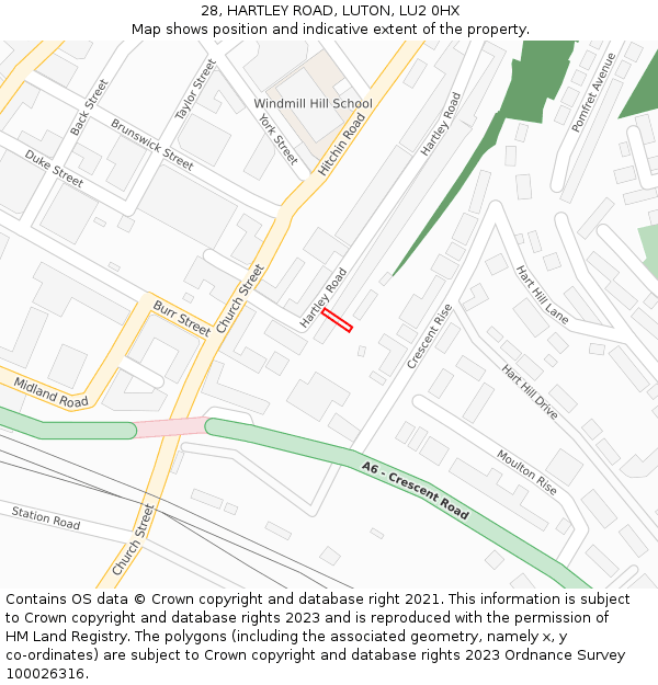 28, HARTLEY ROAD, LUTON, LU2 0HX: Location map and indicative extent of plot