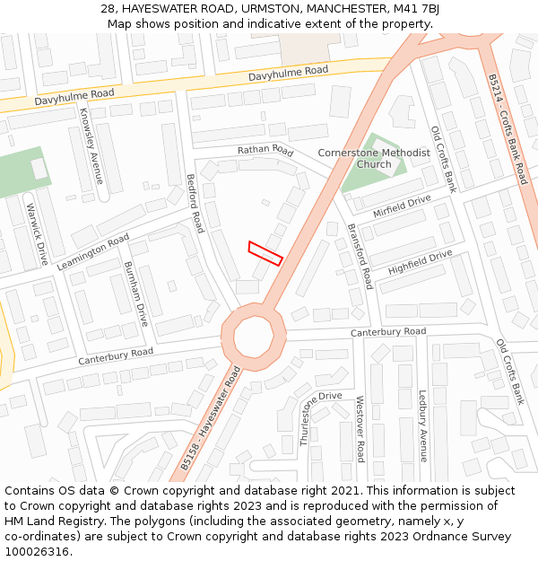 28, HAYESWATER ROAD, URMSTON, MANCHESTER, M41 7BJ: Location map and indicative extent of plot