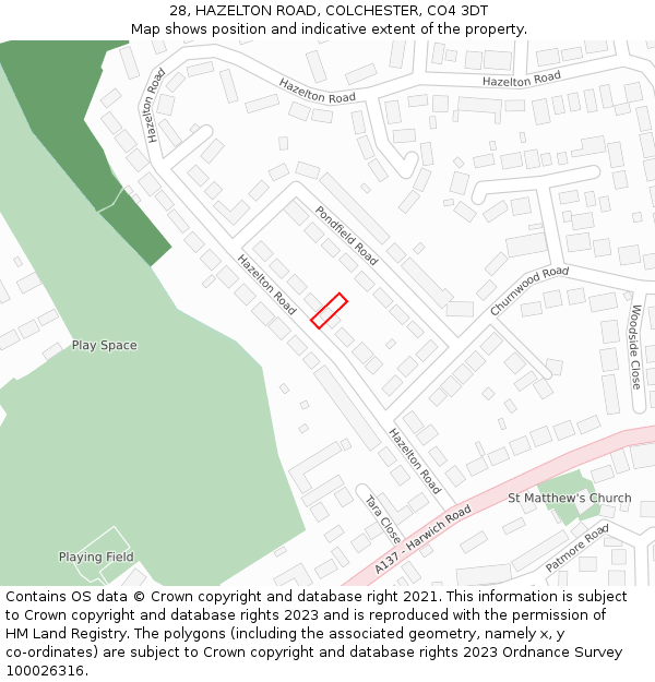 28, HAZELTON ROAD, COLCHESTER, CO4 3DT: Location map and indicative extent of plot