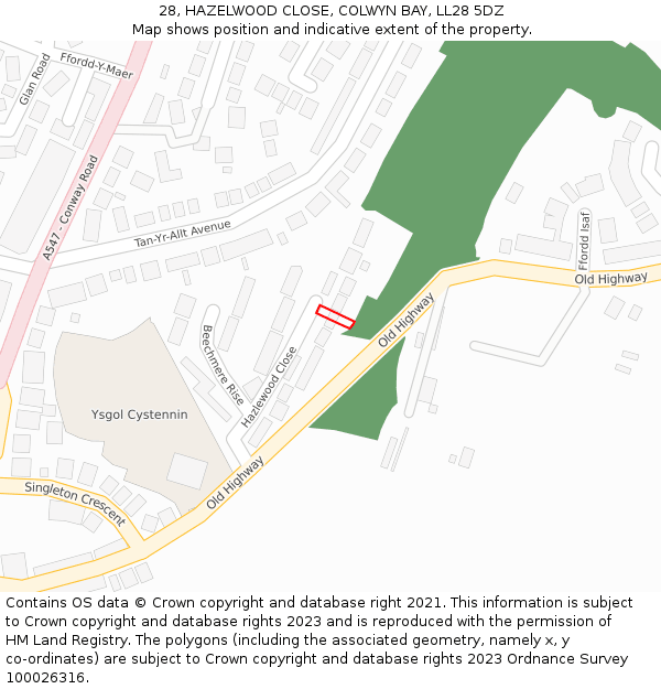 28, HAZELWOOD CLOSE, COLWYN BAY, LL28 5DZ: Location map and indicative extent of plot