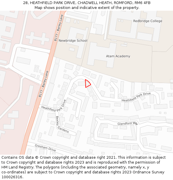 28, HEATHFIELD PARK DRIVE, CHADWELL HEATH, ROMFORD, RM6 4FB: Location map and indicative extent of plot