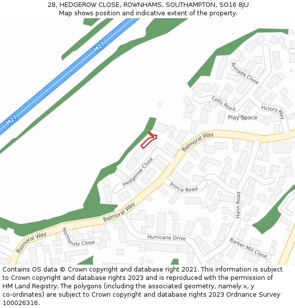 28, HEDGEROW CLOSE, ROWNHAMS, SOUTHAMPTON, SO16 8JU: Location map and indicative extent of plot