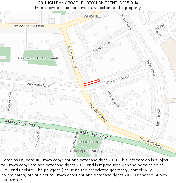 28, HIGH BANK ROAD, BURTON-ON-TRENT, DE15 0HX: Location map and indicative extent of plot