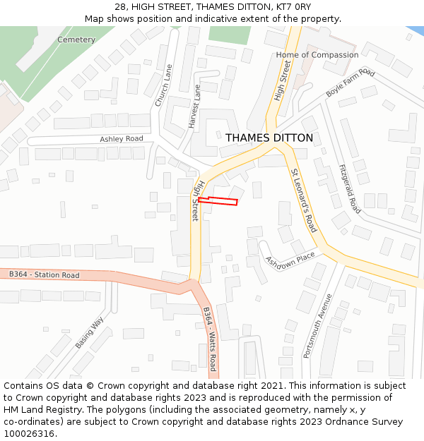 28, HIGH STREET, THAMES DITTON, KT7 0RY: Location map and indicative extent of plot