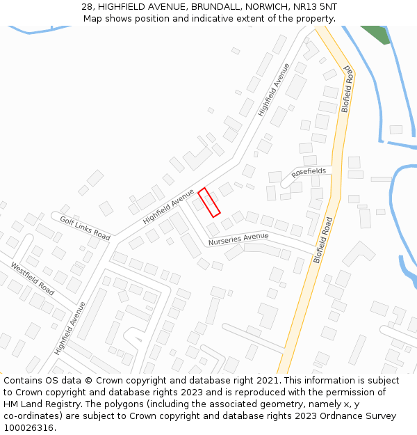28, HIGHFIELD AVENUE, BRUNDALL, NORWICH, NR13 5NT: Location map and indicative extent of plot