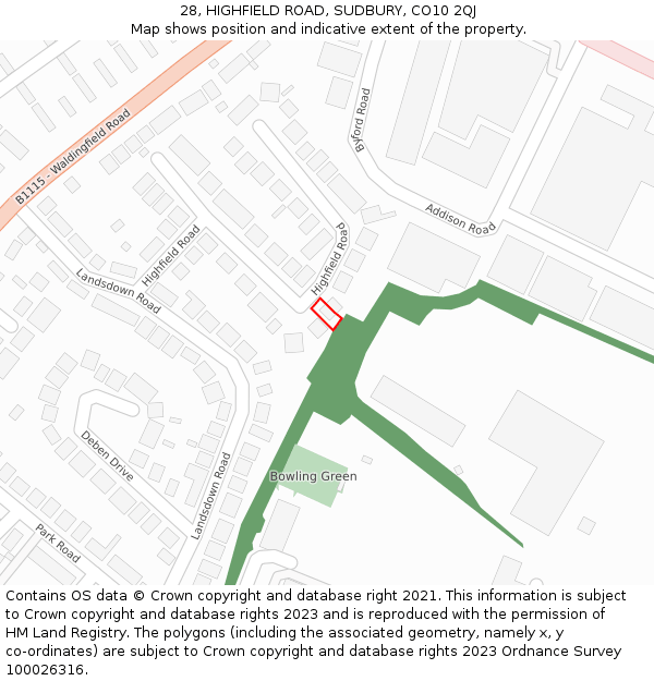28, HIGHFIELD ROAD, SUDBURY, CO10 2QJ: Location map and indicative extent of plot