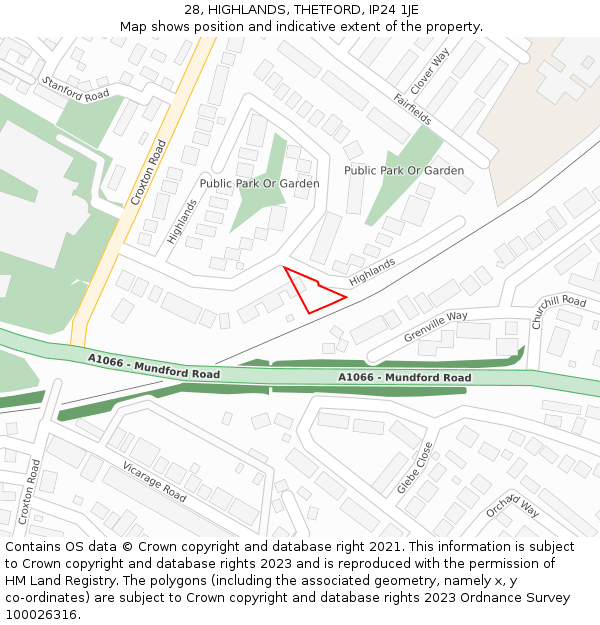 28, HIGHLANDS, THETFORD, IP24 1JE: Location map and indicative extent of plot