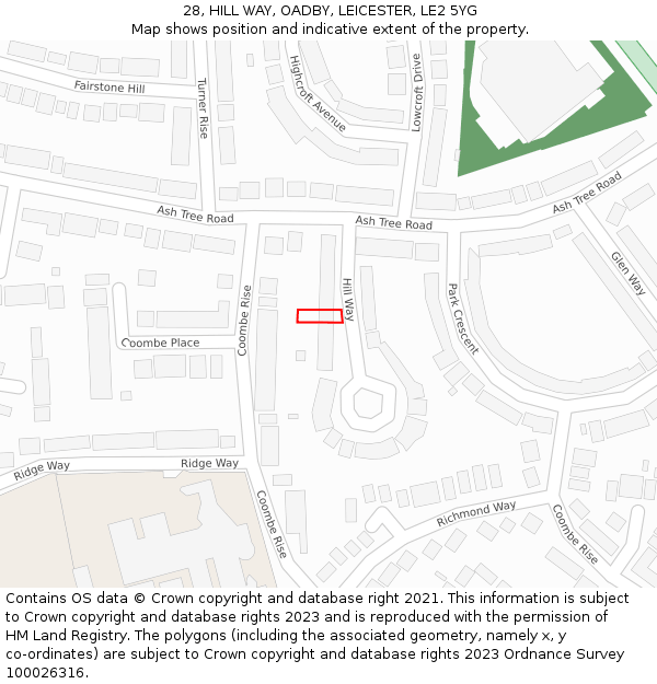 28, HILL WAY, OADBY, LEICESTER, LE2 5YG: Location map and indicative extent of plot