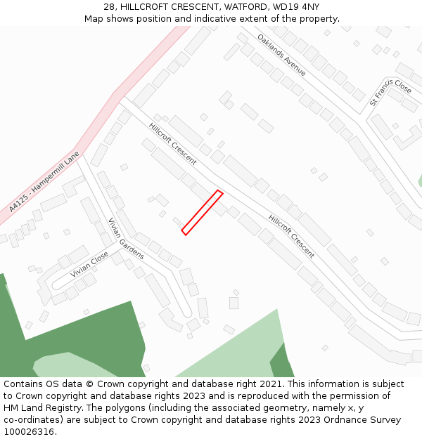 28, HILLCROFT CRESCENT, WATFORD, WD19 4NY: Location map and indicative extent of plot