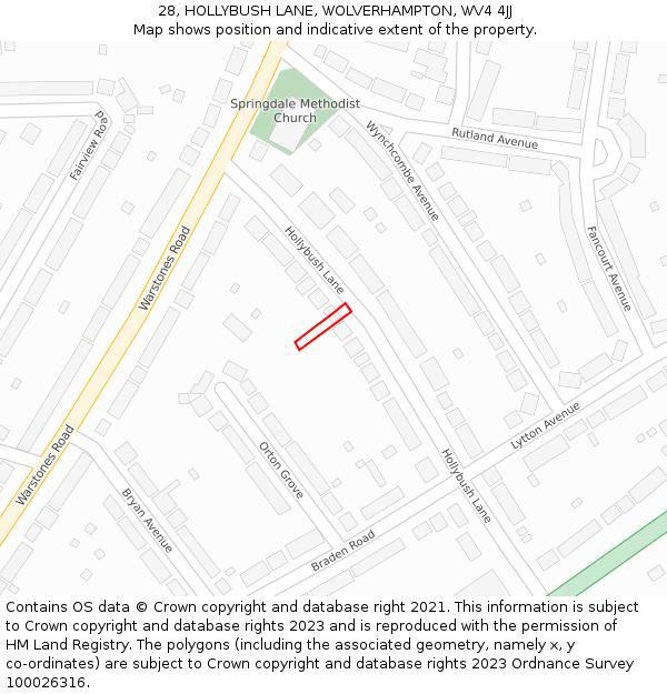 28, HOLLYBUSH LANE, WOLVERHAMPTON, WV4 4JJ: Location map and indicative extent of plot