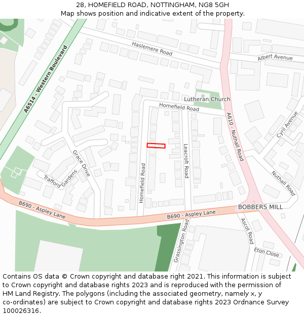 28, HOMEFIELD ROAD, NOTTINGHAM, NG8 5GH: Location map and indicative extent of plot