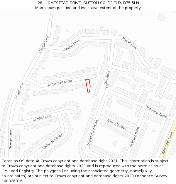 28, HOMESTEAD DRIVE, SUTTON COLDFIELD, B75 5LN: Location map and indicative extent of plot