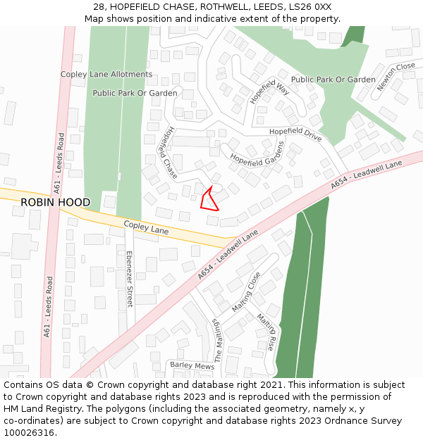 28, HOPEFIELD CHASE, ROTHWELL, LEEDS, LS26 0XX: Location map and indicative extent of plot