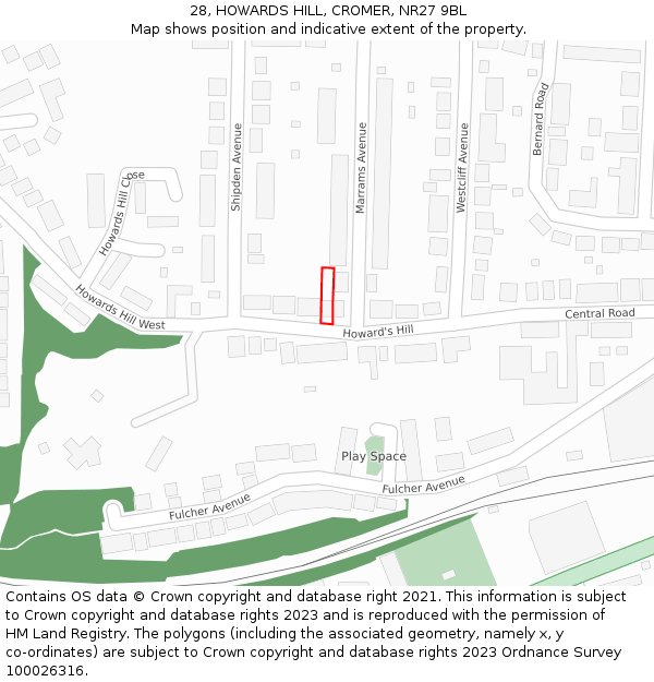28, HOWARDS HILL, CROMER, NR27 9BL: Location map and indicative extent of plot