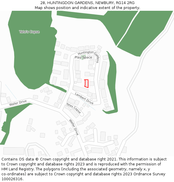 28, HUNTINGDON GARDENS, NEWBURY, RG14 2RG: Location map and indicative extent of plot