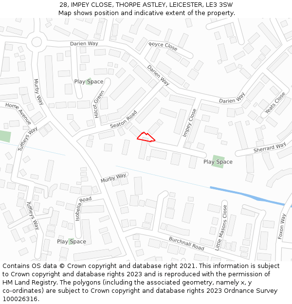 28, IMPEY CLOSE, THORPE ASTLEY, LEICESTER, LE3 3SW: Location map and indicative extent of plot