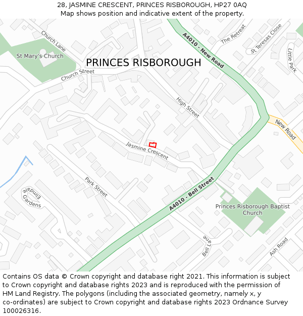 28, JASMINE CRESCENT, PRINCES RISBOROUGH, HP27 0AQ: Location map and indicative extent of plot