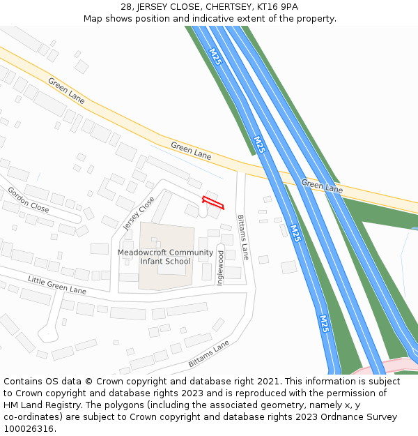 28, JERSEY CLOSE, CHERTSEY, KT16 9PA: Location map and indicative extent of plot