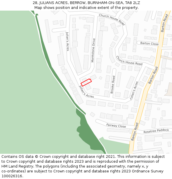 28, JULIANS ACRES, BERROW, BURNHAM-ON-SEA, TA8 2LZ: Location map and indicative extent of plot