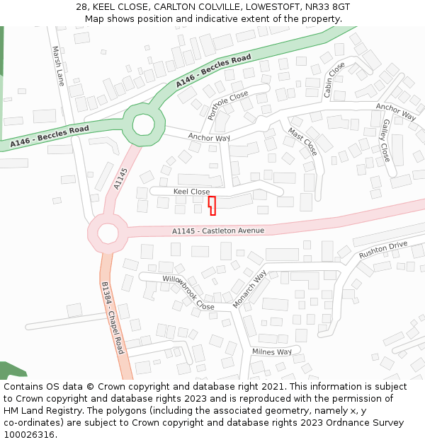 28, KEEL CLOSE, CARLTON COLVILLE, LOWESTOFT, NR33 8GT: Location map and indicative extent of plot