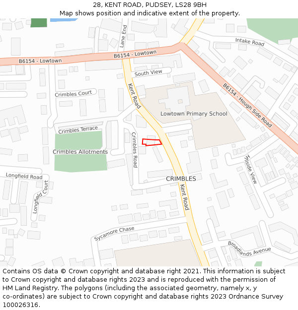 28, KENT ROAD, PUDSEY, LS28 9BH: Location map and indicative extent of plot