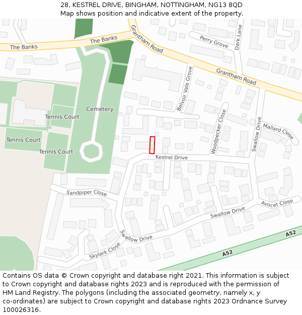 28, KESTREL DRIVE, BINGHAM, NOTTINGHAM, NG13 8QD: Location map and indicative extent of plot