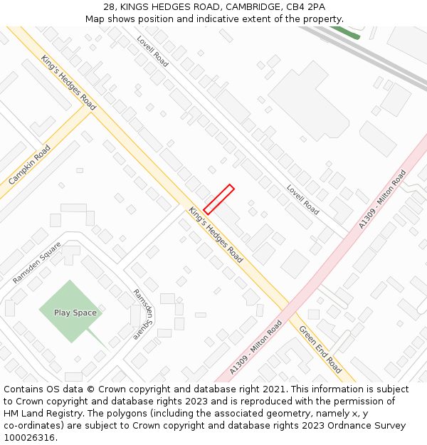 28, KINGS HEDGES ROAD, CAMBRIDGE, CB4 2PA: Location map and indicative extent of plot