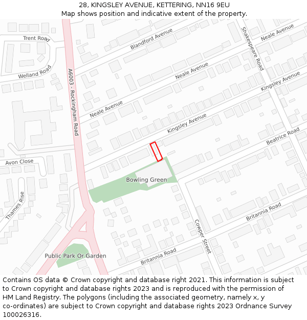 28, KINGSLEY AVENUE, KETTERING, NN16 9EU: Location map and indicative extent of plot