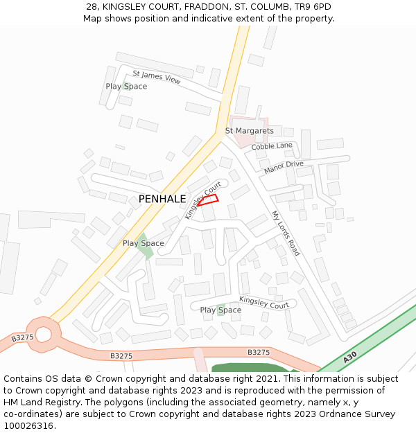 28, KINGSLEY COURT, FRADDON, ST. COLUMB, TR9 6PD: Location map and indicative extent of plot