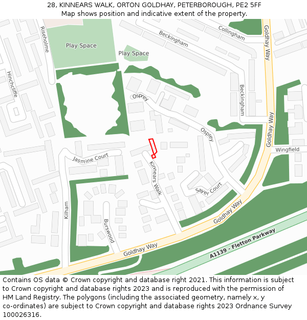 28, KINNEARS WALK, ORTON GOLDHAY, PETERBOROUGH, PE2 5FF: Location map and indicative extent of plot