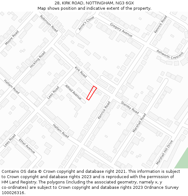 28, KIRK ROAD, NOTTINGHAM, NG3 6GX: Location map and indicative extent of plot