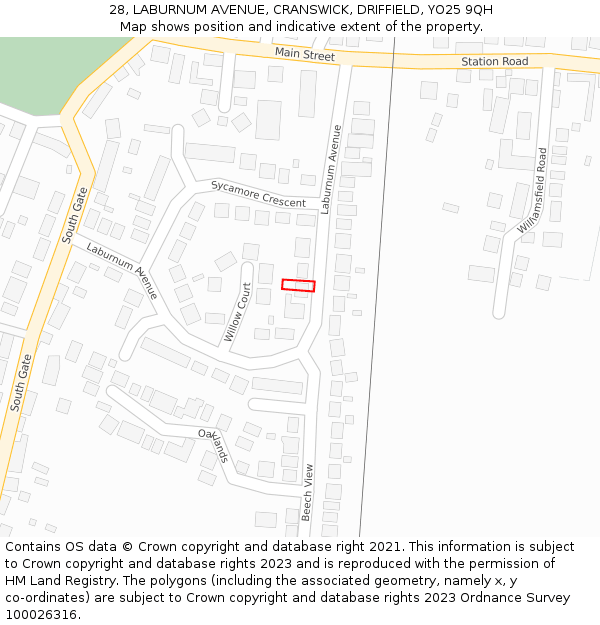 28, LABURNUM AVENUE, CRANSWICK, DRIFFIELD, YO25 9QH: Location map and indicative extent of plot