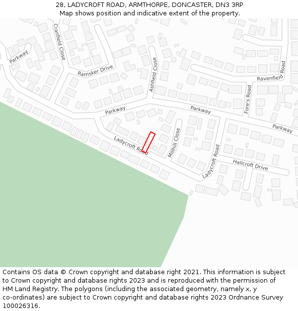 28, LADYCROFT ROAD, ARMTHORPE, DONCASTER, DN3 3RP: Location map and indicative extent of plot