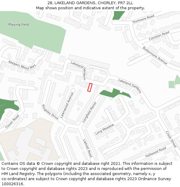 28, LAKELAND GARDENS, CHORLEY, PR7 2LL: Location map and indicative extent of plot