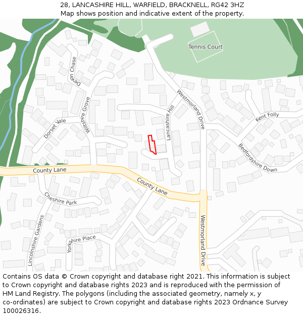 28, LANCASHIRE HILL, WARFIELD, BRACKNELL, RG42 3HZ: Location map and indicative extent of plot