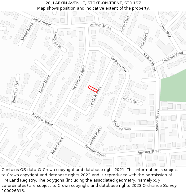 28, LARKIN AVENUE, STOKE-ON-TRENT, ST3 1SZ: Location map and indicative extent of plot