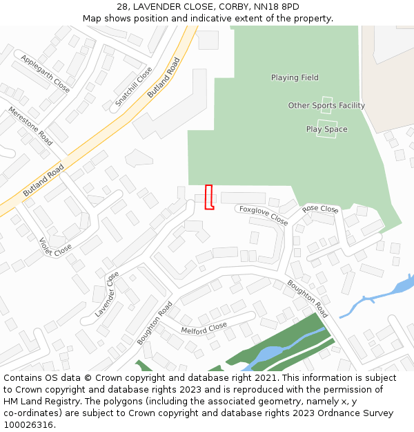 28, LAVENDER CLOSE, CORBY, NN18 8PD: Location map and indicative extent of plot