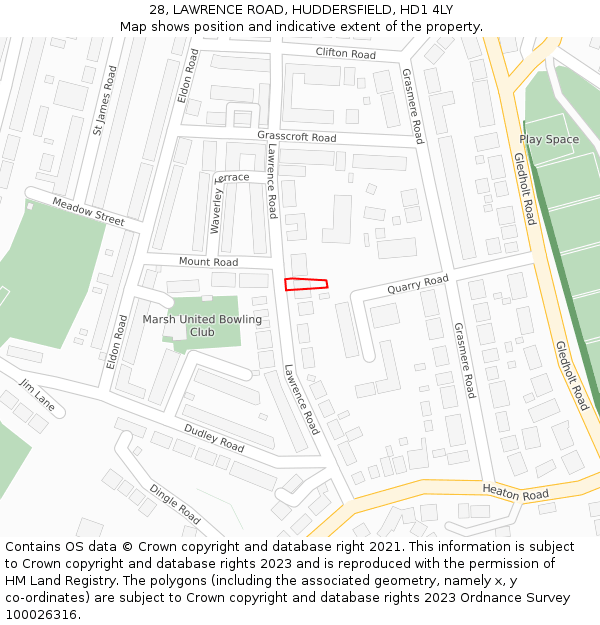 28, LAWRENCE ROAD, HUDDERSFIELD, HD1 4LY: Location map and indicative extent of plot