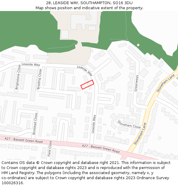28, LEASIDE WAY, SOUTHAMPTON, SO16 3DU: Location map and indicative extent of plot