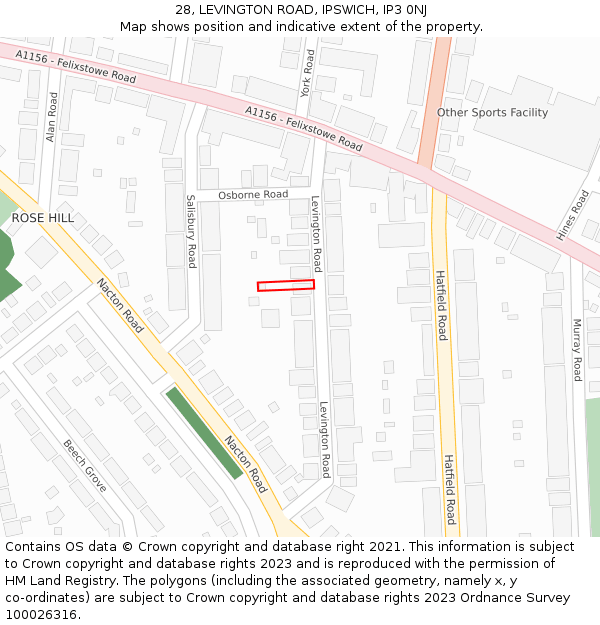 28, LEVINGTON ROAD, IPSWICH, IP3 0NJ: Location map and indicative extent of plot