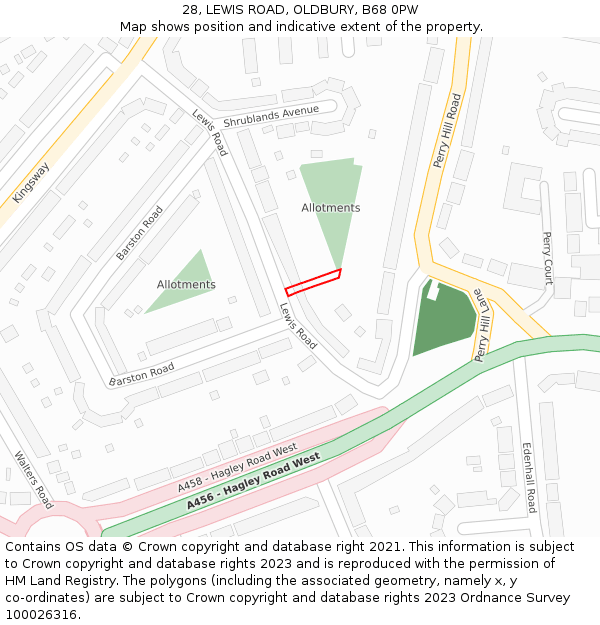 28, LEWIS ROAD, OLDBURY, B68 0PW: Location map and indicative extent of plot