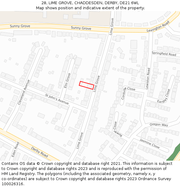 28, LIME GROVE, CHADDESDEN, DERBY, DE21 6WL: Location map and indicative extent of plot