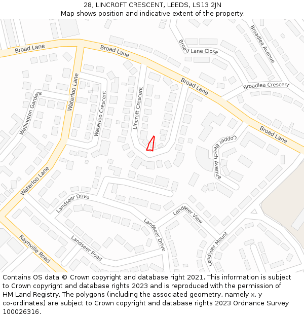 28, LINCROFT CRESCENT, LEEDS, LS13 2JN: Location map and indicative extent of plot
