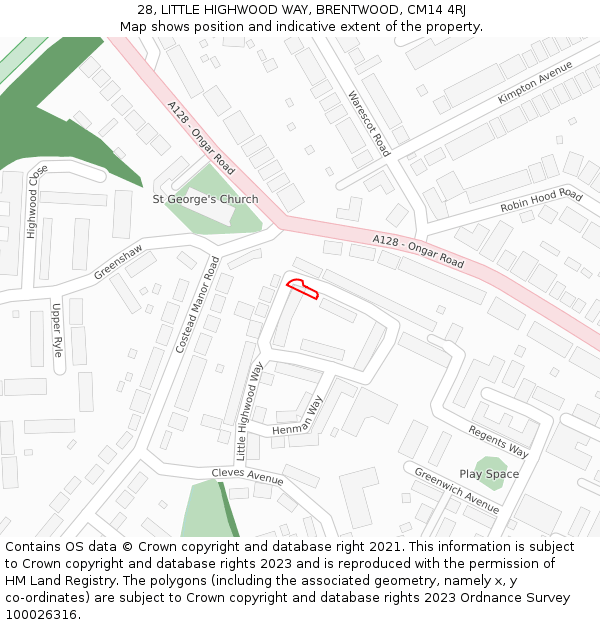 28, LITTLE HIGHWOOD WAY, BRENTWOOD, CM14 4RJ: Location map and indicative extent of plot