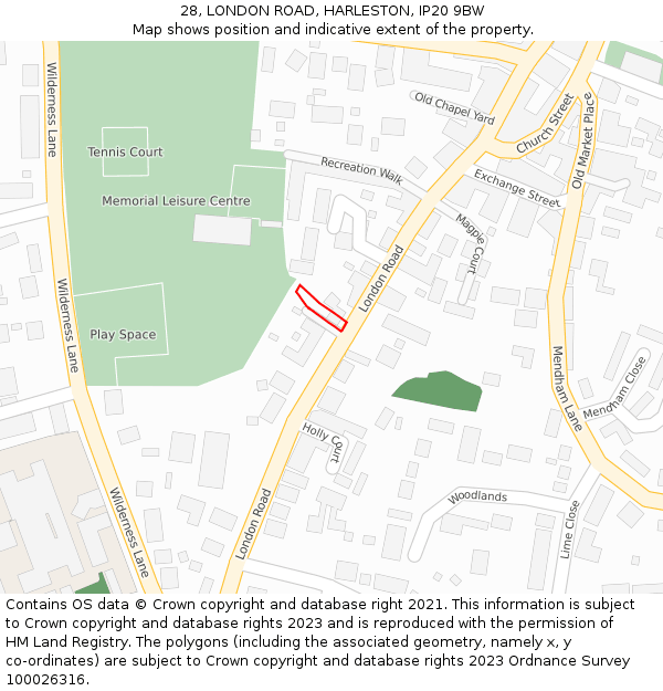 28, LONDON ROAD, HARLESTON, IP20 9BW: Location map and indicative extent of plot