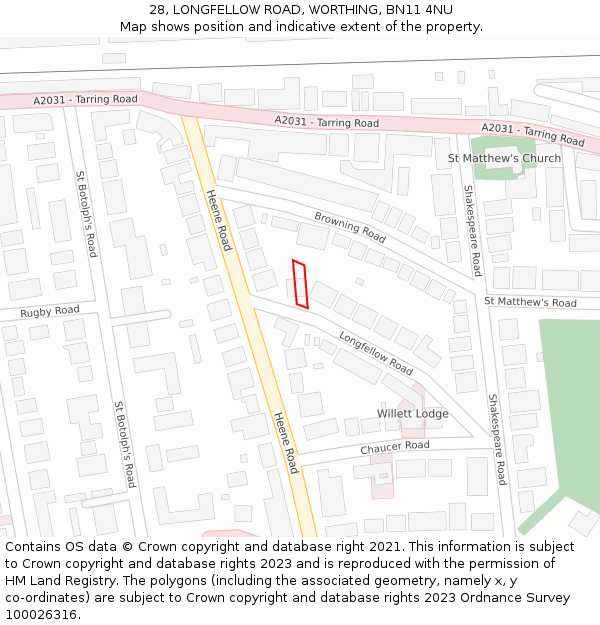 28, LONGFELLOW ROAD, WORTHING, BN11 4NU: Location map and indicative extent of plot