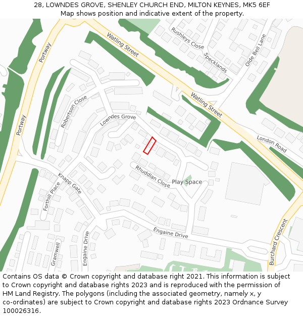28, LOWNDES GROVE, SHENLEY CHURCH END, MILTON KEYNES, MK5 6EF: Location map and indicative extent of plot