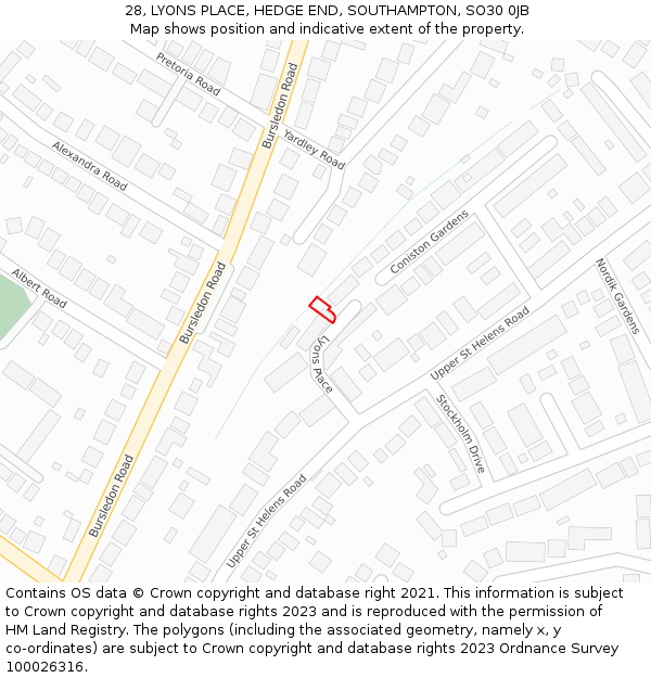 28, LYONS PLACE, HEDGE END, SOUTHAMPTON, SO30 0JB: Location map and indicative extent of plot