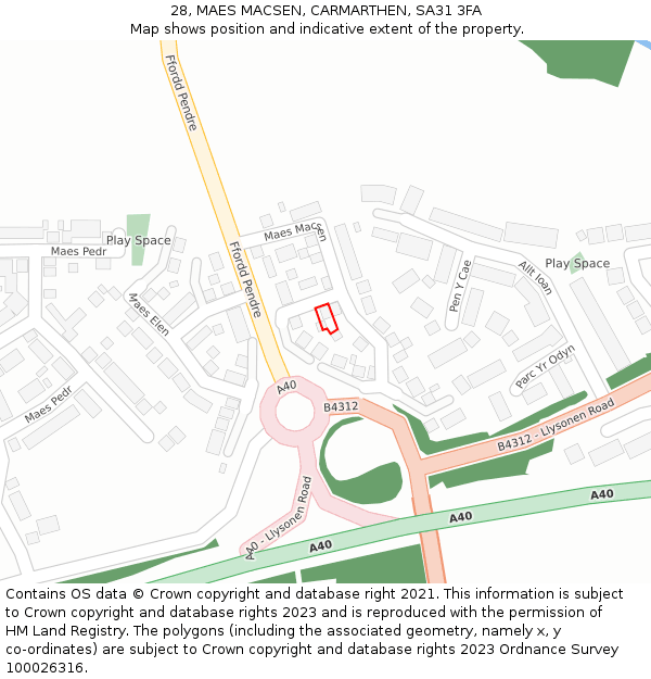 28, MAES MACSEN, CARMARTHEN, SA31 3FA: Location map and indicative extent of plot