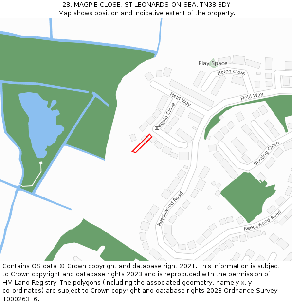 28, MAGPIE CLOSE, ST LEONARDS-ON-SEA, TN38 8DY: Location map and indicative extent of plot